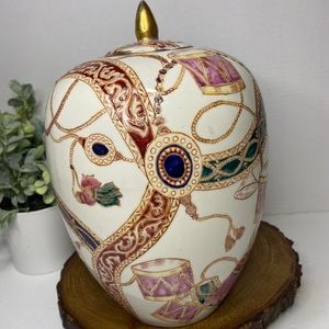 Vintage Macy & Co Hand Painted Lidded Jar Vase Baroque Style/ Jeweled With Lid